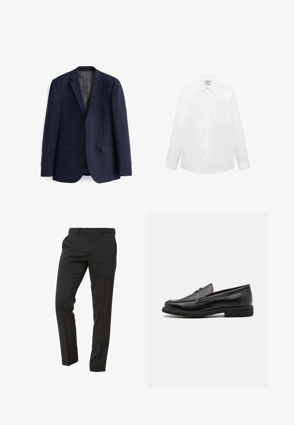 Blazer blu navy realizzato in tessuto liscio, con una chiusura frontale a due bottoni, rever a taglio dritto e due tasche frontali dalla forma dritta.; Camicia bianca a maniche lunghe realizzata in tessuto liscio, con colletto classico, chiusura frontale a bottoni e orlo curvo. Design minimalista senza motivi.; Next Trousers - Suit Trousers   Slim Fit - Pantaloni eleganti - mottled black; Mocassini sintetici neri con una spessa cucitura frontale, soletta imbottita e suola piatta in gomma; design elegante con dettagli minimi.