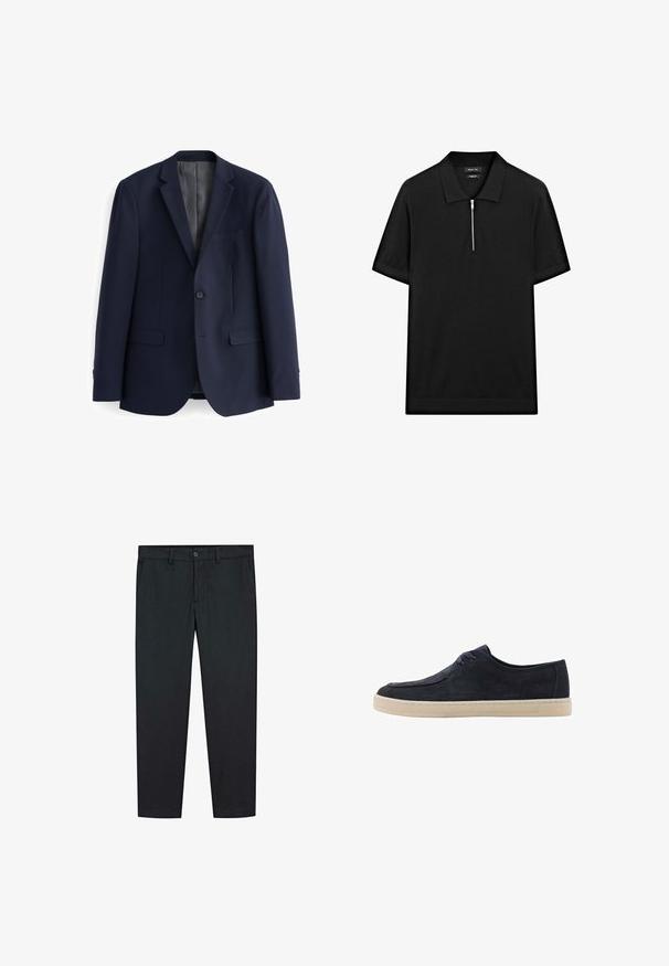 Blazer blu navy realizzato in tessuto liscio, con una chiusura frontale a due bottoni, rever a taglio dritto e due tasche frontali dalla forma dritta.; Polo shirt nero a maniche corte con colletto rialzato e zip frontale. Realizzato in un tessuto liscio con un design pulito e minimalista.; Pantaloni neri con un design a gamba dritta, realizzati in un tessuto morbido. Presentano due tasche frontali e una chiusura a bottone in vita.; Scarpa in suede blu navy con punta rotonda, due fori per i lacci e suola in gomma crema. Texture liscia e design minimalista.