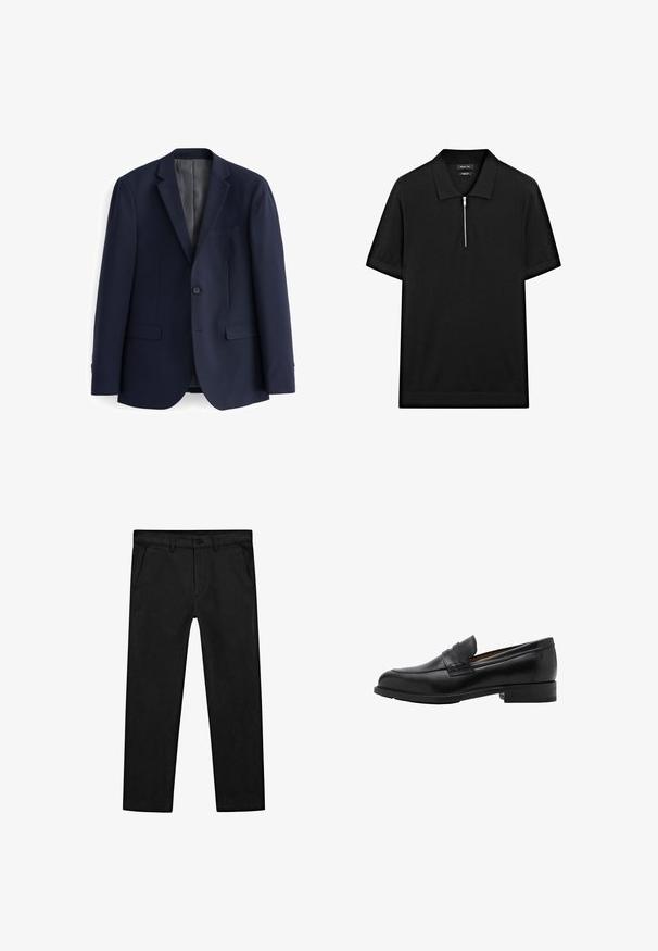 Mörkblå blazer i ett mjukt tyg, med frontknäppning med två knappar, slag med notcher och två framfickor med rak skärning.; Svart kortärmad pikétröja med ståkrage och frontdragkedja. Tillverkad av ett mjukt tyg med en ren, minimalistisk design.; Svarta bomullsbyxor med rak benform, framfickor och ett klassiskt knappstängningssystem med blixtlås. Slät textur, skräddarsydd passform.; Svarta läderloafer med sytt framstycke och platt klack. Slät yta med rundad tå och ett dekorativt band över fotens instep.