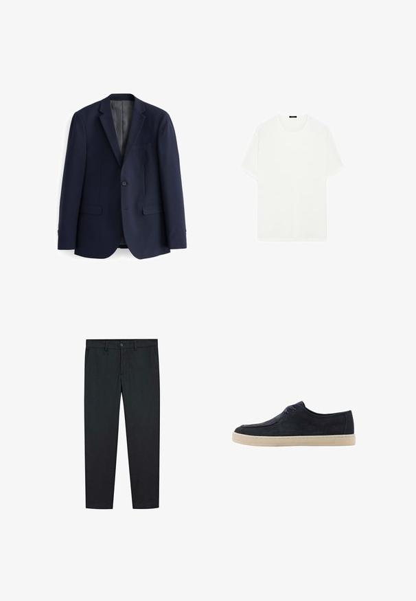 Marineblaues Blazer aus glattem Stoff, mit einer Zwei-Knopf-Front, Reverskragen und zwei Fronttaschen in gerader Schnittform.; Weißes T-Shirt mit kurzen Ärmeln aus weichem Stoff. Es hat einen klassischen Rundhalsausschnitt und eine gerade Schnittführung, ohne sichtbare Muster oder Akzente.; Schwarze Hosen mit geradem Bein Design, aus glattem Stoff gefertigt. Besitzt zwei Fronttaschen und einen Knopfverschluss in der Taille.; Marineblaue Wildlederschuhe mit runder Spitze, zwei Ösen für die Schnürsenkel und einer cremefarbenen Gummisohle. Glatte Textur und minimalistisches Design.