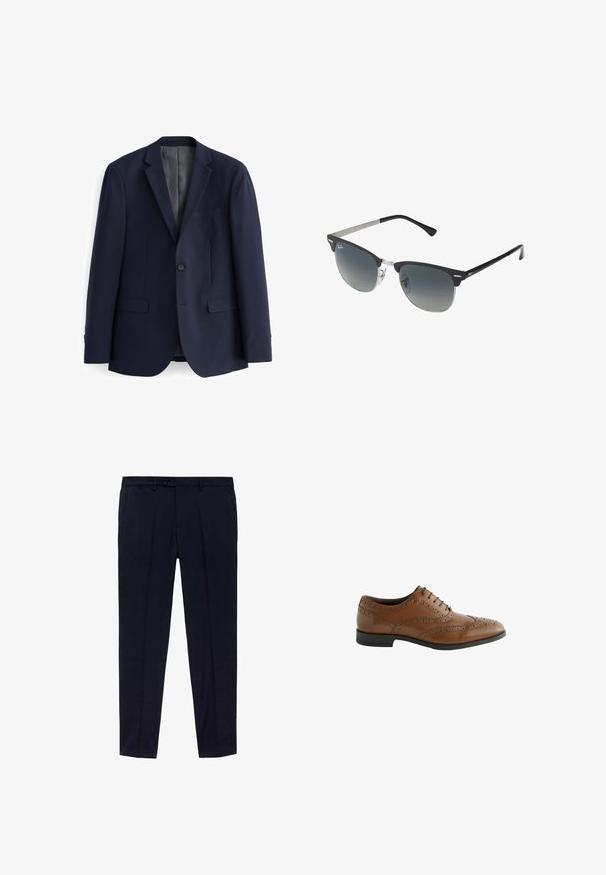 Mørkeblå blazer lavet af glat stof, med to-knaps lukning, slå-om krave og to frontlommer med lige snit.; Pakke med tre t-shirts: én sort og to hvide. Hver har rund halsudskæring, korte ærmer og er lavet af glat bomuldsstof.; Mørkeblå bukser med flad frontdesign, fremstillet af glat stof. Bemærkelsesværdige detaljer omfatter to sidelommer og lynlås med knaplukning.; Brune lædersko med indviklede broguing-detaljer, rund tå og flad hæl. Har fem snøringsøjer og en glat overflade.; Sorte og sølv solbriller med katteøje-form, gradient linser og metalliske detaljer på rammen. Plastiske arme med grå spidser.