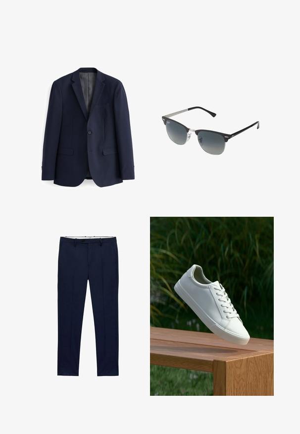 Laivastonsininen bleiseri, joka on valmistettu sileästä kankaasta. Siinä on kaksinappinen etuosa, lovet kaulukset ja kaksi suoraa etutaskua.; Valkeat lyhythihaiset t-paidat pinottuna, valmistettu puuvillasta. Ominaisuuksina pyöreä kaula-aukko ja suora leikkaus. Kangas näyttää sileältä ilman kuvioita.; Tummansiniset housut, joissa on kapea malli ja viivoituskuvio. Varustettu vetoketjulla, vyölenkeillä ja etutaskuilla. Sujuva kangas.; Valkoiset nauhalla kiinnitettävät lenkkarit leijuvat puupenkillä, taustalla vihreää kasvillisuutta, tuoden esiin kengän muotoilua ja pintarakennetta.; Mustat ja hopeiset aurinkolasit, joissa on kissansilmämuoto, gradientti linssit ja metalliset yksityiskohdat kehysissä. Muoviset sangan päät harmaat.