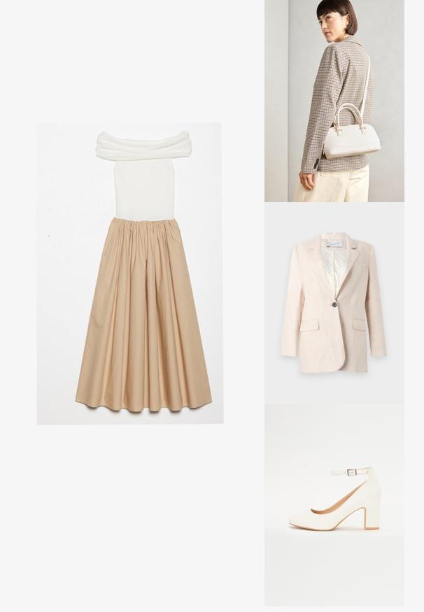 Blazer en lin beige clair avec un bouton simple, deux poches avant et une doublure intérieure à motifs. Présente un design de col classique.; Robe décolletée présentant un corsage ajusté en blanc côtelé et une jupe beige fluide, froncée à la taille pour une silhouette volumineuse.; Chaussure à talon aiguille blanche avec un bout pointu, un talon carré et une bride à la cheville. Fini lisse avec un éclat subtil et doublure intérieure beige.; Sac à main structuré blanc avec de courtes poignées et une bandoulière, doté de accents en métal doré et d'un matériau texturé, présenté sur un fond gris.