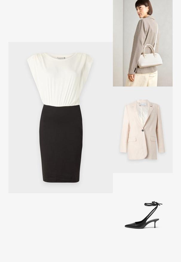 Svetle béžový lněný blazer s jedním knoflíkem, dvěma předními kapsami a vzorovanou podšívkou. Disponuje klasickým límcovým designem.; Šaty s bílým krátkým rukávem a přiléhavou černou sukní. Hladká látka s nařaseným detailem v pase, silueta do kolen.; Černá kožená stiletto botička s špičatou špičkou, otevřenou zadní částí a kotníkovými řemínky uvázanými do mašle. Štíhlý 3palcový podpatek. Hladká textura, minimalistický design.; Bílá strukturovaná kabelka s krátkými uchy a ramenním popruhem, zdobená zlatými kovovými prvky a texturovaným materiálem, vystavená na šedém pozadí.