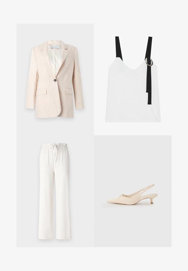 Helle beige Leinenblazer mit einem einzigen Knopf, zwei Fronttaschen und einem gemusterten Innenfutter. Mit klassischem Reversdesign.; Weißes ärmelloses Top mit V-Ausschnitt, ausgestattet mit schwarzen Trägern und einem silbernen Ringdetail. Glatte Stoffoberfläche und ein modernes, minimalistisches Design.; Weiße weite Hosen aus weichem Stoff, mit einem Kordelzugbund und glatter Textur. Keine Muster oder Verzierungen sichtbar.; Spitze Slingback-Schuhe aus offwhite Leder mit einem kleinen Schleifendetail und einem niedrigen Kitten-Heel. Glatte Textur, minimalistisches Design.