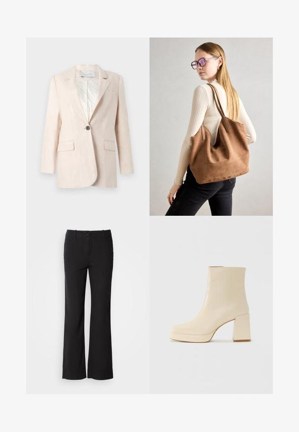 Blazer de lino Beige claro con un solo botón, dos bolsillos frontales y un forro interior estampado. Presenta un diseño de solapa clásica.; Camiseta blanca de manga corta hecha de suave algodón. Presenta un escote redondo y un corte relajado. Diseño limpio sin patrones o acentos visibles.; Pantalones de mezcla de algodón negros con un diseño de pierna recta, cierre frontal de botón y dos bolsillos laterales. Textura suave, sin patrones visibles.; Botín de cuero beige hasta el tobillo con tacón bloque y suela de plataforma, de acabado liso y puntera ligeramente cuadrada, mirando a la izquierda sobre fondo blanco.; Bolso de tote de ante marrón con textura suave, gran abertura y asas largas. Presenta un diseño sencillo con costuras visibles y sin herrajes.