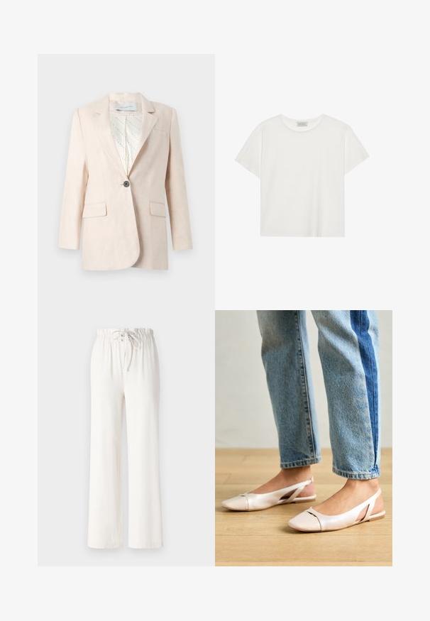 Gai béžs lina žakets ar vienu pogu, divām priekšējām kabatām un rakstainu iekšējo oderi. Iezīmē klasisku apkakles dizainu.; Balts īsām piedurknēm T-krekls, kas izgatavots no mīksta kokvilnas. Tam ir apaļš izgriezums un brīvs piegriezums. Tīrs dizains bez redzamām rakstiem vai akcentiem.; Baltas platās bikses, izgatavotas no mīkstas auduma, ar punktu jostas vietā un gludu tekstūru. Nav redzami raksti vai rotājumi.; Bālti rozā siksniņu dzīvokļi ar smailu purngalu, izgatavoti no gludas ādas līdzīgās materiāla. Iezīmē izgriezumu detaļas sānos un platu papēdi.