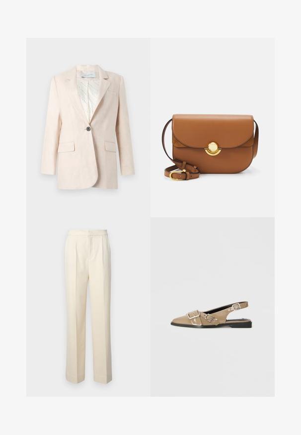 Helle beige Leinenblazer mit einem einzigen Knopf, zwei Fronttaschen und einem gemusterten Innenfutter. Mit klassischem Reversdesign.; Weißes T-Shirt mit kurzen Ärmeln aus Baumwolle. Hat einen Rundhalsausschnitt und eine lockere Passform. Glatte Textur ohne sichtbare Muster oder Akzente.; Maßgeschneiderte cremefarbene Hose mit geradem Bein, ausgestattet mit vorderen Falten und einer glatten Oberfläche. Der Bund ist flach und ohne Verzierungen.; Beige patentierte Slingback-Schuhe mit spitzem Zehenbereich, zwei verstellbaren Schnallen und einem niedrigen schwarzen Absatz. Glatte Textur mit glänzender Oberfläche.; Braune Leder-Umhängetasche mit abgerundeten Kanten, magnetischem Klappenverschluss und goldenen Beschlägen. Verstellbarer Riemen für Vielseitigkeit.