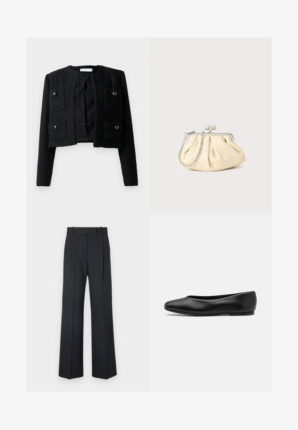 Must mustärane lühike jakk, millel on tekstureeritud kangas, ümmargune kaelus, kaks esist taskut nupuga ning avatud esikülg.; Mustmust mustripa, pikad varrukad, ümmargune kaelus ja rinnal väike valge süda. Pehme tekstuur ja soonikkoes varrukate otsad ja äär.; Tumed sinise triibuga püksid, kõrge vöökoht, laiad jalad ning ilma nähtavate metalldetailide või kaunistusteta. Sile tekstuur ja täpselt istuv lõige.; Paul Smith TOPANGA - Baleriinad - black; Kortsus beežist nahast kotike, millel on hõbedane metallraam, kaunistatud kahe ümmarguse dekoratiivse lukuga ja hõbedase ketispideme.