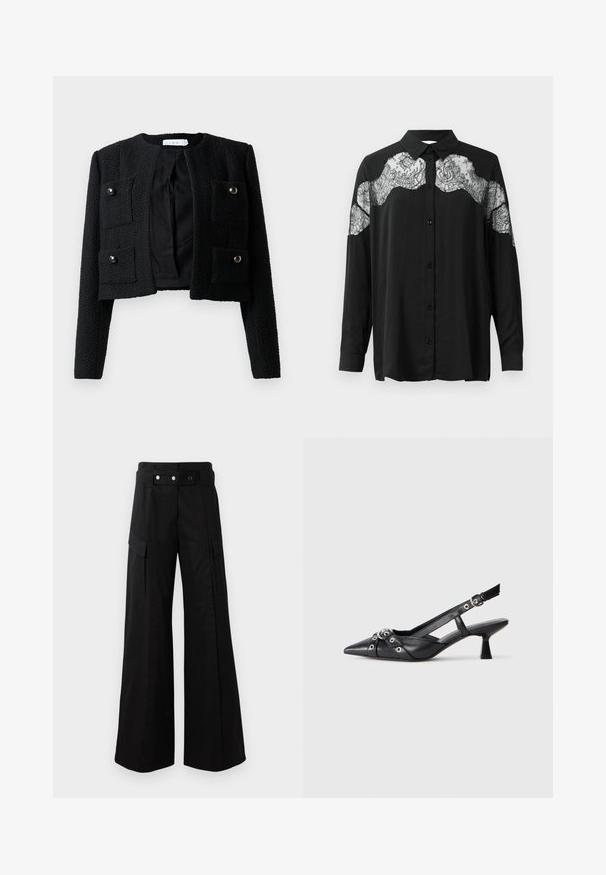 Must mustärane lühike jakk, millel on tekstureeritud kangas, ümmargune kaelus, kaks esist taskut nupuga ning avatud esikülg.; Mustmust särg pikal varrukal. Omab pitskatet õlgadel, mis lisab tekstuuri ja mustri kontrasti kangale.; Mustad laiad püksid kõrge vöökohtaga, suured küljetaskud, kaks esimest nööpi ja silmuse detailiga. Valmistatud tugevast kangast.; Must must have must toote tõmblukuga, dekoratiivsed rihmad metallist silmadega ja madal blokk-kand. Tekstureeritud pind.