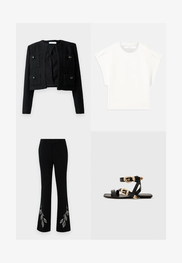 Must mustärane lühike jakk, millel on tekstureeritud kangas, ümmargune kaelus, kaks esist taskut nupuga ning avatud esikülg.; Valge kastikujuline T-särk lühikeste varrukatega. Valmistatud siledast kangast, millel on ümmargune kaelus ja diskreetne õlavarre aktsent. Lihtne disain.; Mustad hõlmikpüksid, mille ääres tikitud hõbedased lehemustrid. Valmistatud siidjasest kangast, millel on struktuurne vöökoht ja kitsas lõige.; Mustad nahast sandaalid kuldsete pandlitega, millel on mitmed rihmad ja lame talladisain avatud varba jaoks.
