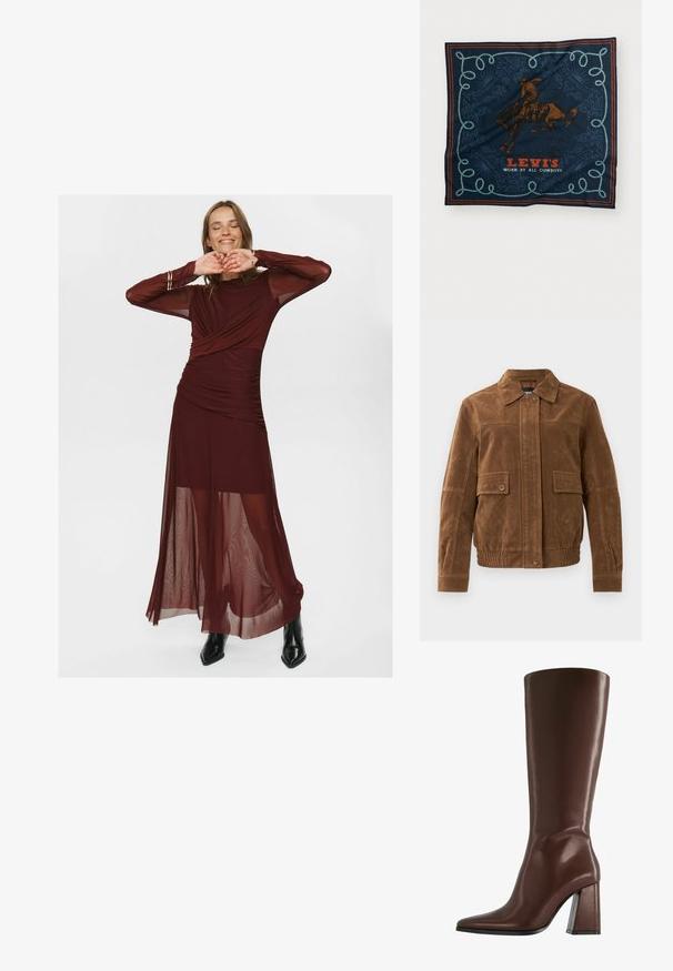 Brun ruskindjakke med spids krave, to frontlommer med klap og knapper, elastisk kant og knaplukning foran.; Lang bordeaux kjole lavet af gennemsigtigt og glat stof, med en indpakket bodice, plisserede detaljer og gennemsigtige lange ærmer.; Brun knæhøj læderstøvle med spids tå og en kraftig, gennemsigtig hæl. Glat overflade med minimal detaljer.; Marineblå silkeslærred med et grafik af en brown heste rytter, dekoreret med et blåt rebmønster og teksten "LEVI'S BRUGT AF ALLE KOBOLD" i rød.; Brun ruskinds håndtaske med to robuste håndtag, rektangulær form og dekorativt stropdetalje på forsiden.