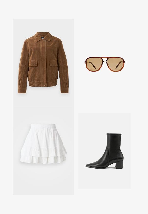 Hnedá semišová bunda s špicatým golierom, dvoma prednými vreckami s klopou a gombíkmi, elastickým lemom a gombíkovým zapínaním vpredu.; Čierny rolák s dlhými rukávmi, vyrobený z hladkej pleteniny. Má priliehavé telo a rebrované manžety a lem.; Biela sukňa v stupňoch vyrobená z ľahkého materiálu s výšivkou a volánkovým lemom. Obsahuje elastický pás pre pohodlie.; Čierne členkové topánky vyrobené z hladkej kože, s špicatou špičkou, blokovým podpätkom a výrazným zvýšeným švom na hornom okraji.; Hnedé osemuholníkové slnečné okuliare s priehľadným jantárovým rámom a hnedými tónovanými sklami. Obsahujú kovový akcent na mostíku a štíhle nožičky.