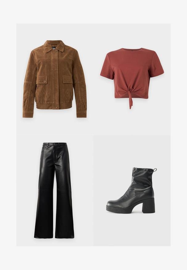 Rudas zomšinis švarkas su smailiu apykakle, dviem priekiniais kišenėmis su atvartais ir mygtukais, elastingu apačiu bei mygtukų užsegimu priekyje.; Rudens spalvos trumpas medvilninis marškinėliai su trumpomis rankovėmis ir suknietu priekyje. Lygus paviršius, apvalus kaklo išpjova.; Juodos aukšto juosmens plačios kojų dirbtinės odos kelnės su priekiniais mygtukais, užtrauktuku, diržo kilpomis ir šoninėmis kišenėmis ant balto fono.; Juodos kulkšninių botai, pagaminti iš lygaus odos, su šoniniu užtrauktuku, masyviu tekstūruotu kulnu ir apvaliu pirštu.