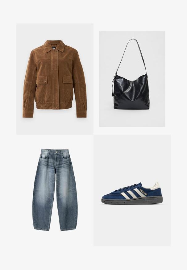 Giacca in suede marrone con colletto a punta, due tasche frontali con flap e bottoni, orlo elastico e chiusura frontale con bottoni.; Due magliette senza maniche: una bianca con una texture a costine e una grigia chiara con un leggero motivo melange. Entrambe hanno scollature rotonde.; Jeans a gamba larga in denim azzurro chiaro con sfumature, dotati di design a cinque tasche, chiusura con bottone e dettagli di cucitura minimal.; Sneaker in suede blu navy con strisce bianche, dettaglio dorato "Spezial", suola grigia testurizzata, punta arrotondata e lacci abbinati. Design classico.; Borsa a spalla in pelle nera con una finitura morbida e texture. Presenta un design curvo e una singola tracolla regolabile. Nessun componente metallico aggiuntivo.