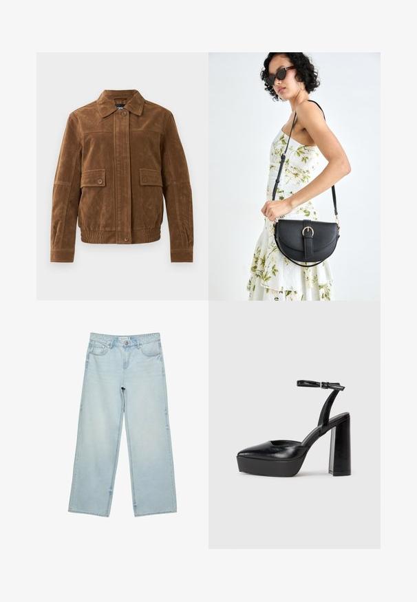 Brązowa zamszowa kurtka z ostrym kołnierzem, dwiema przednimi kieszeniami z klapami i guzikami, elastycznym dołem oraz zapinaniem na guziki z przodu.; Gina Tricot - T-shirt basic; Jasnoniebieskie jeansy o szerokich nogawkach, wykonane z denimu, z wysokim stanem, pięcioma kieszeniami i delikatnym efektem wyblaknięcia. Prosty krój z wykończonymi brzegami.; Czarne platformy na wysokim obcasie z szpiczastym noskiem i regulowanym paskiem na kostkę. Wykonane z gładkiej skóry, z grubym słupkowym obcasem.; Czarna skórzana torebka o zakrzywionym kształcie, z odpinanym paskiem i złotymi akcentami. Torebka posiada klapę z zapięciem w kształcie klamry.