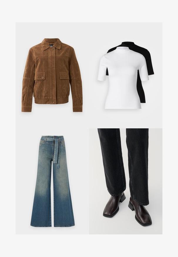 Veste en daim marron avec un col pointu, deux poches à rabat à l'avant avec des boutons, un ourlet élastiqué et une fermeture à boutons à l'avant.; Ensemble de deux hauts à col roulé ajustés en blanc et noir. Manches courtes, tissu en coton lisse et design près du corps. Sans motifs ni graphiques.; Pantalons en denim à jambe large présentant un dégradé de bleu clair à bleu foncé, taille haute, passants de ceinture et une ceinture en tissu assortie. Finition en denim texturé.; Bottines en cuir marron avec un orteil carré et un talon carré, associées à un jeans noir à jambes larges. Texture lisse et design minimaliste.