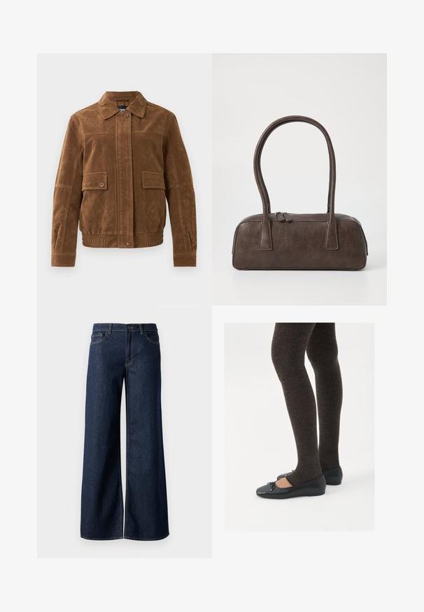 Pruun sametjakett, millel on terav krae, kaks esiflapikotti nupuga, elastne äär ja nupuga esiots.; Must musta, sobiv ülikond, neljakandiline kaelus, sildiga GAP, valge tausta peal.; Laiad teksad tumesinises denimis. Omab kontrastõmblusi, viit taskut ja nupukinnitust vööl. Sile tekstuur.; Mustad mustad kingad väikese teksaga varvaste juures, koos tumedate pruunide ribakangastega. Kingadel on sile tekstuur ja madal profiil.; Pruunist nahast käsipagas kahe tugeva käepidemega, kandiline kuju, sile tekstuur ja tõmblukuga sulgemine. Minimalistlik disain, ilma nähtavate mustriteta.