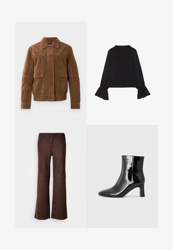 Brūna zamšāda jaka ar izteiksmīgu apkakli, divām priekšējām kabatām ar aizdares pogām, elastīgu apakšmalu un aizdares pogām priekšpusē.; Melna garām piedurknēm krekls ar izplestu aproču, maigu tekstūru un brīvu piegriezumu, ar vienkāršu apaļu dekoltē.; Brūnas platās bikses no mīksta, zamšveida auduma. Tās ir aprīkotas ar četrām kabatām, pogām un gludu, teksturētu virsmu.; Melnas patentētas ādas potīšu zābaki ar norādītu pirkstu un vidēja augstuma kvadrātveida papēdi. Gluda tekstūra un minimālisma dizains.