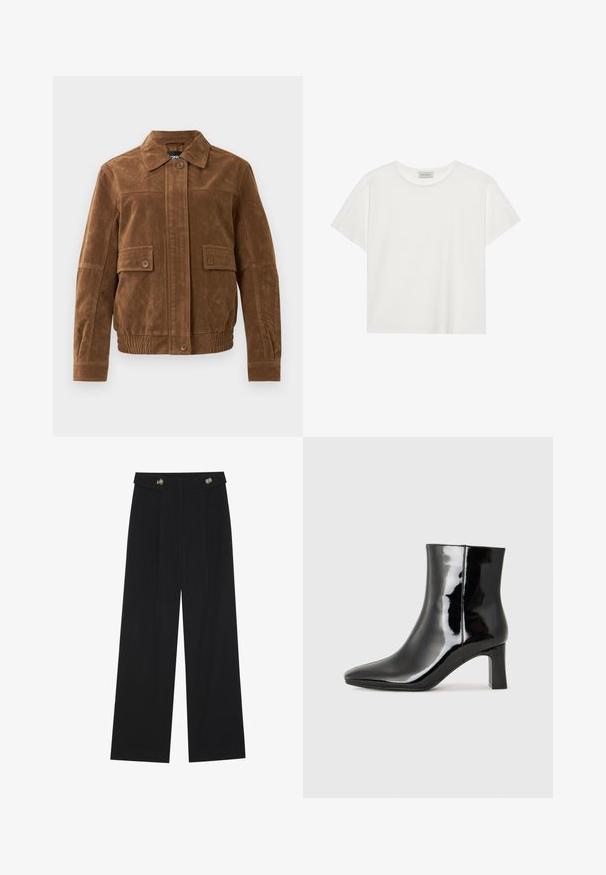 Brūna zamšāda jaka ar izteiksmīgu apkakli, divām priekšējām kabatām ar aizdares pogām, elastīgu apakšmalu un aizdares pogām priekšpusē.; Balts īsām piedurknēm T-krekls, kas izgatavots no mīksta kokvilnas. Tam ir apaļš izgriezums un brīvs piegriezums. Tīrs dizains bez redzamām rakstiem vai akcentiem.; Melnas platās bikses ar augstu jostasvietu, pogu detaļām uz jostas un priekšējām krokām.; Melnas patentētas ādas potīšu zābaki ar norādītu pirkstu un vidēja augstuma kvadrātveida papēdi. Gluda tekstūra un minimālisma dizains.