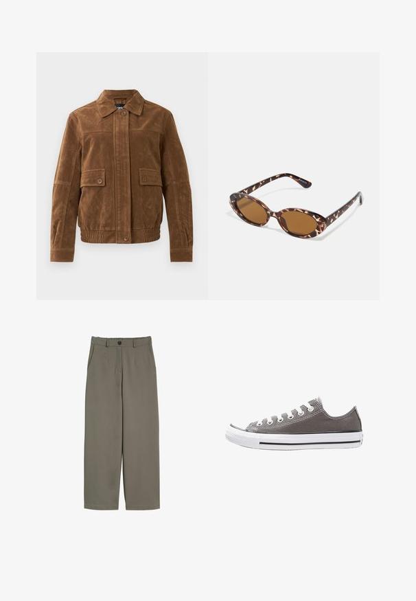 Brązowa zamszowa kurtka z ostrym kołnierzem, dwiema przednimi kieszeniami z klapami i guzikami, elastycznym dołem oraz zapinaniem na guziki z przodu.; Biała koszulka z krótkim rękawem, okrągły dekolt, wykonana z miękkiej, gładkiej bawełny, z prostym dołem i minimalnymi detalami. Gładki i uniwersalny design.; Spodnie o szerokich nogawkach w oliwkowym kolorze, wyposażone w zapięcie na guzik, kieszenie z przodu oraz gładką, lekko teksturowaną powierzchnię.; Szare płócienne trampki z białą gumową podeszwą, czarnym paskiem i metalowymi oczkami. Charakteryzują się okrągłym noskiem, niskim fasonem oraz teksturowanym materiałem.; Okulary przeciwsłoneczne w kolorze tortoise z owalnymi soczewkami, brązowymi w odcieniu, cienkimi ramionami z teksturowanym wzorem, lekką plastikową oprawką.