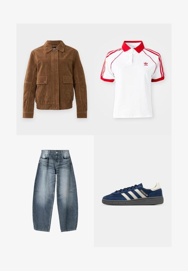 Brown suede jacket with a pointed collar, two front flap pockets with buttons, elasticated hem, and buttoned front closure.; White polo shirt with a red collar and red three-stripe accents on shoulders. Features button placket and small red logo on chest.; Wide-leg jeans made of light blue denim with fading, featuring a five-pocket design, button fly, and minimal stitching details.; Navy suede sneaker with white stripes, gold "Spezial" detail, grey textured sole, rounded toe, and matching laces. Classic design.