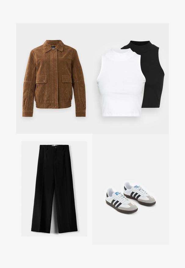 Smeđi sueđ jakna s izbočenim ovratnikom, dva prednja džepa s preklopom i dugmadi, elastični pojas i zakopčavanje sprijeda na dugmad.; Dvije bezrukavne rebraste majice s visokim ovratnikom u crnoj i bijeloj boji, s prilagođenim dizajnom i glatkom teksturom, te skraćenom dužinom.; Crne široke hlače izrađene od lagane tkanine, s prednjim zatvaranjem na dugme i ravnim prednjim dijelom, sa uredno šivenim rubovima.; Sportske cipele s gornjištem od bijele kože, sivi suedinasti nos i tri crne pruge. Imaju plavi logo na jeziku i teksturiranu gumenu podlogu.