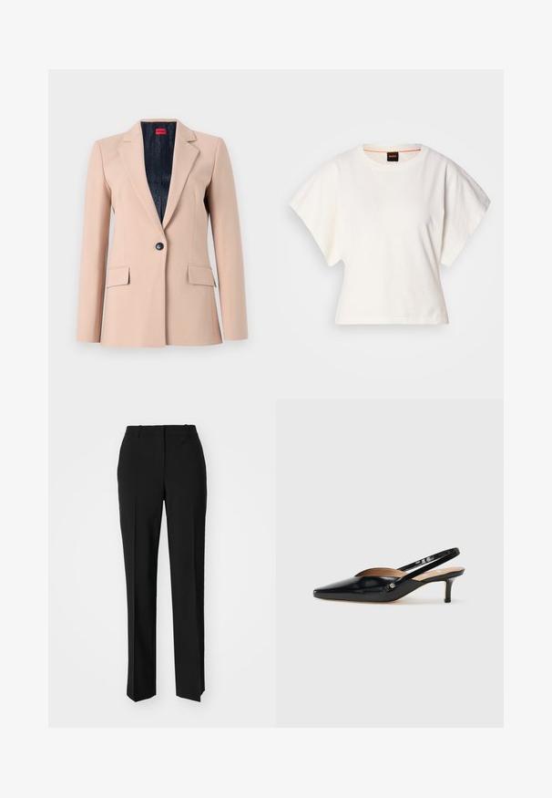 Světle béžový blejzr se strukturovaným designem, jednořadým zapínáním na knoflík, klopami a dvěma předními kapsami. Podšitý tmavou látkou.; Bílý zkrácený T-shirt, krátké široké rukávy, měkký bavlněný materiál, kulatý výstřih s jemným oranžovým lemováním, minimalistický design, bez vzorů nebo grafik.; Černé kalhoty na míru se střihem do rovna, které mají hladkou texturu a ostré sklady na přední straně. Bez viditelného kování.; Černé lakované slingback lodičky se špičatou špičkou, malým podpatkem a výřezovým designem na svršku. Zlaté kovové detaily na straně.
