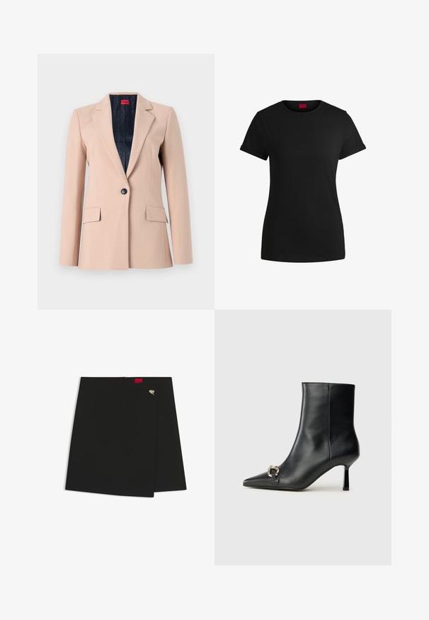 Light beige blazer with a structured design, single button closure, notched lapels, and two front pockets. Lined with dark fabric.; Black cotton t-shirt with short rolled sleeves, a round neckline, and a red label. Smooth texture, fitted shape with minimal detailing.; Black wrap skirt with a smooth texture, featuring a red logo tag and a silver hardware accent. Simple design with a clean cut.; Black leather ankle boot with pointed toe, slim mid-height heel, and silver buckle detail on side against plain background.