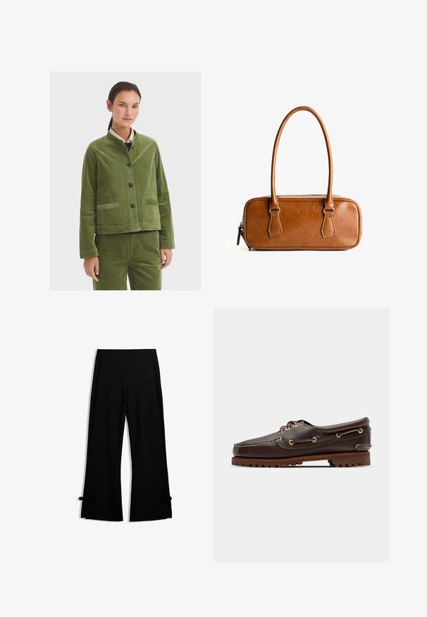 Zelena kordna jakna s mandarin ovratnikom, prednjim dugmetom i dva bočna džepa. Teksturirana tkanina i skraćeni dizajn.; Duga majica s dugim rukavima krem boje s horizontalnim prugama u boji maruna, koja ima opušteni kroj i mekanu, glatku teksturu tkanine.; Crne široke hlače izrađene od mekog materijala, s bočnim prorezima učvršćenim mašnicama na rubu za dodatne detalje.; Smeđe kožne čamce cipele s zlatnim okomitim rupicama, okruglim vezicama i teksturiranom smeđom gumiranom potplatom. Ima stišnjene detalje i uzdignuti logo.; Smeđa kožna torba s dva dugačka ručka, pravokutnog oblika, glatke teksture, zatvaranje na patentni zatvarač i akcenti od srebrnog tona.
