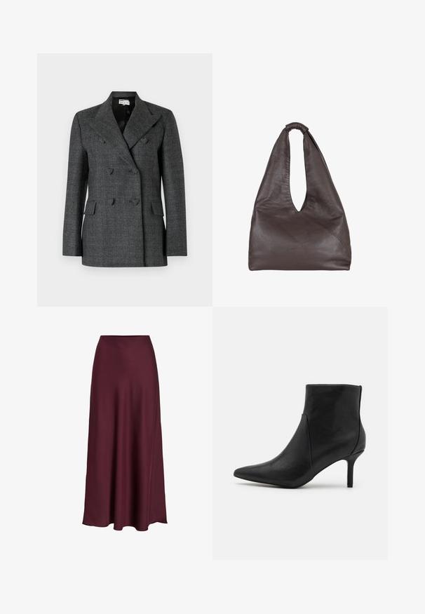 Šedý dvouřadý blazer vyrobený z texturované tkaniny s širokými klopami, dvěma předními kapsami a vkusnými knoflíky.; Bílý krátký rukáv tričko vyrobené z bavlny s kulatým výstřihem a volným střih. Hladká textura a žádné viditelné vzory nebo ozdoby.; Burgundská saténová maxi sukně s hladkým povrchem, vysokým pasem a splývavým siluetem, které se jemně rozšiřuje směrem k lemování.; Anna Field Kotníková obuv - black; Hnědá kožená taška s uvolněným, přeplněným designem. Disponuje smyčkovou rukojetí a hlubokým V-výřezem pro snadný přístup. Měkká textura, minimalistický styl.