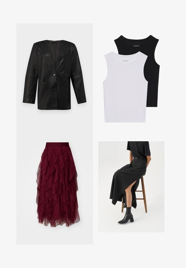 Selected Femme SLFAMALIA - Bőrdzseki - black; Két ujjatlan felső fekete és fehér színben, bordás pamutból készült, kerek nyakkivágással és testhez simuló fazonnal. Mindkettőn látható címke.; Burgundi színű tüll szoknya, többszintű fodrokkal, széles derékkal és áramló sziluettel. Könnyű, texturált anyag fokozza a mozgást.; Fekete len maxi szoknya magas hasítékkal, fekete pólóval és fekete bokacsizmával viselve. Minimalista dizájn, laza illeszkedéssel.