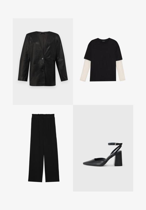 Selected Femme SLFAMALIA - Usnjena jakna - black; Črna majica iz bombaža s kratkimi rokavi, ki pokriva belo dolgi rokav z subtilnim teksturiranim vzorcem. Oblika izrezanega vratu.; Črne široke hlače s nabranim pasom, ki imajo dva stranska žepa in so izdelane iz gladkega, lahkega blaga. Brez vidnih vzorcev ali kovinskega okova.; Črne usnjene klasične čevlje z ostrim nosom, z zaponko za gleženj in debelim peto. Ravna tekstura, eleganten dizajn in minimalistična estetika.