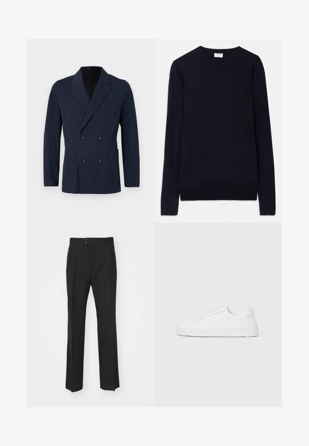 Dvojřadý navy blazer z texturované látky, který má dvě přední kapsy, klopové límce a dekorační knoflíky na přední straně.; Námořnická modrá svetrová vest ucrew vyrobená z měkké tkaniny, s dlouhými rukávy a kanýrkovými detaily na límci a spodním lemu. Čistý, minimalistický design.; Černé upravené kalhoty s rovnými nohavicemi, dvěma předními kapsami a zapínáním na dvojnásobný knoflík v pase. Hladký textilní materiál.; Bílé tenisky s hladkým koženým svrškem, zaoblenou špičkou, šněrováním, texturovanými bočními akcenty a silnou gumovou podrážkou. Minimalistický design.