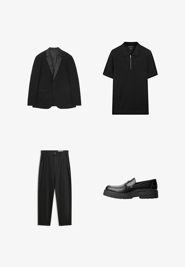 Schwarzes Smoking-Jacket mit satinieren Revers, zwei Knöpfen und drei schrägen Taschen, angezeigt vor einem weißen Hintergrund.; Schwarzes kurzärmliges Poloshirt mit Stehkragen und einem Reißverschluss vorne. Hergestellt aus einem glatten Stoff mit einem klaren, minimalistischen Design.; Schwarze Baumwollhose mit lockerem Schnitt, ausgestattet mit einem klassischen Bund, vorderen Falten und Seiten taschen. Glatte Textur ohne Muster.; Schwarzer Lederloafer mit grobem, rutschfestem Sohlenprofil und dekorativem Riemen über der Oberseite, seitlich links auf weißem Hintergrund abgebildet.