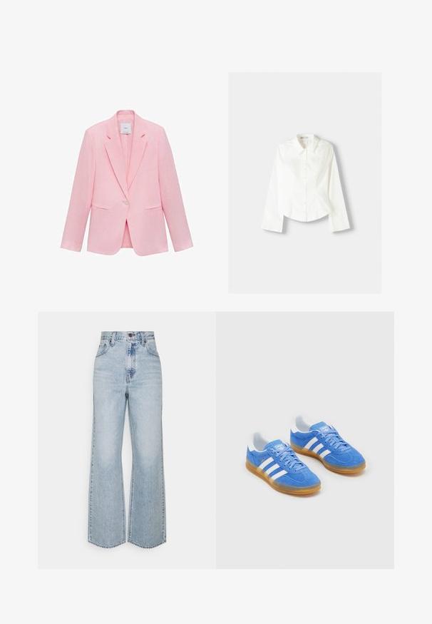 Sacou roz cu guler în formă de V, închidere cu un singur buton și două buzunare frontale. Confecționat dintr-un material ușor, cu o textură netedă.; Cămașă albă cu nasturi, cu mâneci lungi, având un guler clasic, un croi structurat și cusături verticale subtile pentru un plus de detaliu.; Jeans din denim albastru deschis, cu picioare largi, caracterizate printr-un talie înaltă, un design clasic cu cinci buzunare și cusături contrastante. Detaliu cu tiv brut la baza acestora.; Pantofi sport din suede albastru cu accente albe, talpă din cauciuc și guler căptușit pentru confort. Prezintă un design clasic cu șireturi.