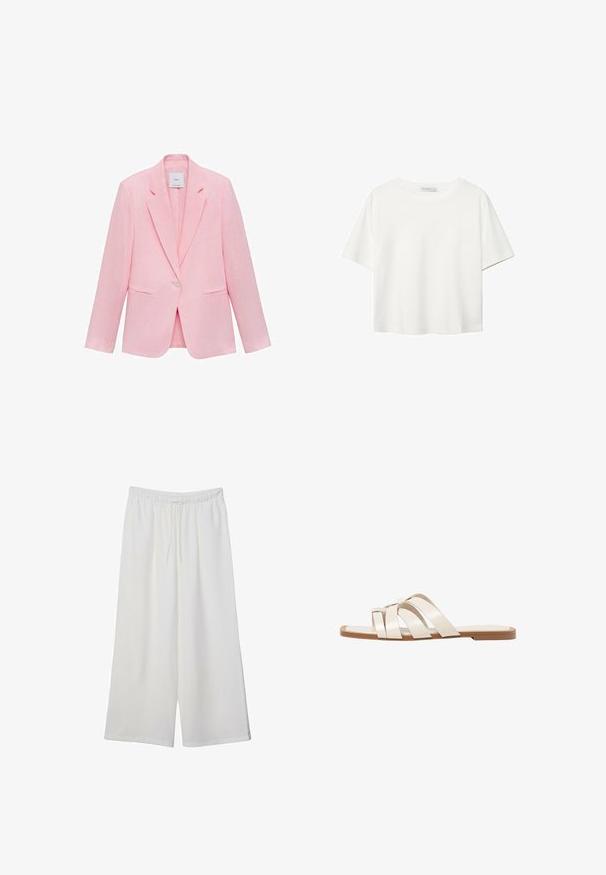 Blazer rosa con colletto a revers, chiusura con un bottone e due tasche frontali. Realizzato in tessuto leggero con una texture liscia.; T-shirt bianco a maniche corte realizzato in cotone. Presenta un collo tondo e una vestibilità rilassata. Texture liscia senza motivi o dettagli visibili.; Pantaloni bianchi a gamba larga realizzati in tessuto leggero, dotati di una vita elastica e di un cordino per una vestibilità regolabile. Texture liscia.; Infradito con suola in gomma color talpa, progettate con tre cinturini in pelle bianca sovrapposti e un piccolo dettaglio a fiocco al centro.
