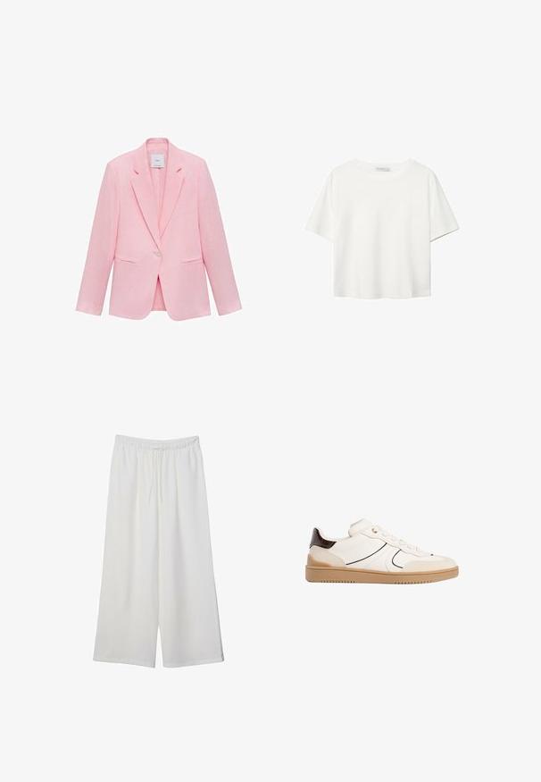 Roza blejzer z izrezanimo ovratnikom, zapiranjem na en gumb in dvema sprednjima žepoma. Narejen iz lahke tkanine z gladko teksturo.; Bela kratka majica s kratkimi rokavi iz bombaža. Ima okroglo izrezovanje in sproščen kroj. Gladka tekstura brez vidnih vzorcev ali poudarkov.; Bele široke hlače iz lahkega materiala, ki imajo elastičen pas in vrvico za prilagajanje. Gladka tekstura.; Stradivarius Športni copati - white