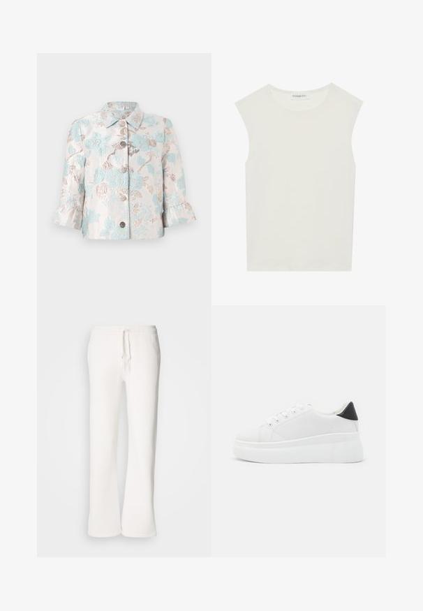 Moteriška šviesiai smėlio spalvos trumpa striukė su šviesiai mėlynomis ir metalizuotomis gėlėmis puoštu brokatu, raukšlėtomis 3/4 ilgio rankovėmis ir penkiais dekoratyviais mygtukais priekyje.; Balta be rankovių palaidinė su apvaliu kaklu. Pagaminta iš lygios medžiagos, ji turi laisvą siluetą ir minimalistinį dizainą. Be raštų ar akcentų.; Baltos, laisvo kirpimo sportinės kelnės, pagamintos iš minkštos medžiagos, su elastinga juosmens dalimi ir raišteliu, tiesių kojų kirpimu.; Balti platforminiai sportbačiai, pagaminti iš lygios sintetinio audinio, su apvaliu pirštu, raištelių užsegimu ir tekstūruota guma padanga. Juodas kulno akcentas.