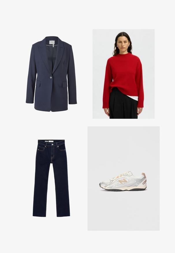 Mornarsko blejzer iz gladkega materiala, ki ima obrobljene reverje, zapiranje na en gumb in dva sprednja žepa. Prilagojen kroj z dolgimi rokavi.; Rdeča pletena pulover s visokim ovratnikom, spušenimi rameni in rebrastimi manšetami. V slogu nad belim zgornjim delom, v kombinaciji z črnimi hlačami.; Temno modri kavbojasti hlače s ravnim krojem, z oranžnim šivom, petimi žepi in kovinskim gumbom za zapiranje v pasu.; Športni čevlji v svetlo sivi barvi s srebrnimi detajli, mrežast gornji del, bež podrobnosti in črna gumijasta podlaga. Vključujejo vezalke in oblazinjen ovratnik.