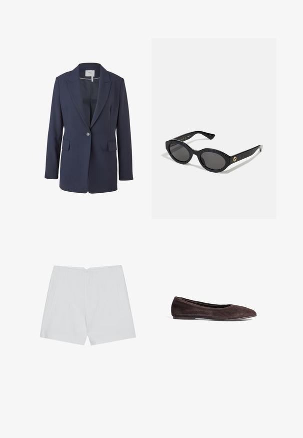 Tumesinine bleiser, mis on valmistatud siledast kangast, millel on lõhenenud krae, üks nööp ja kaks eesmist taskut. Liigendi sobivus ja pikad varrukad.; Valge puuvillane T-särk lühikeste varrukatega ja ümaral lõikel. Omab vabamat lõiget ja minimaalset disaini ilma mustrite või aktsentideta.; Valged lühikesed püksid, millel on kohandatud disain, sirge été, kaks küljetaskut ja puhas serv. Valmistatud siledast kangast, millel pole nähtavaid mustreid.; Pruun suede ballett-kingad terava ninaga ja madala profiiliga. Omab siledat tekstuuri ja minimalismi disaini. Ei sisalda nähtavat riistvara ega aktsente.; Mustad mustad prillid tumedate läätsedega ja läikiva plastraamiga. Omab kuldset logo põlveosal, pakkudes stiilset ja kaasaegset disaini.