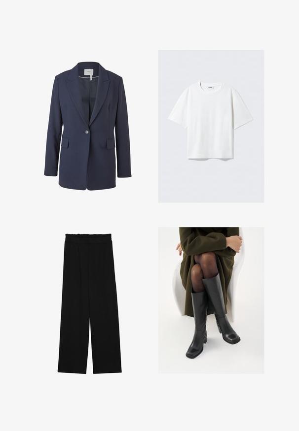 Navy Blazer aus glattem Stoff, mit Schößchenkragen, einem einzelnem Knopfverschluss und zwei Vordertaschen. Taillierte Passform mit langen Ärmeln.; Weißes T-Shirt mit kurzen Ärmeln aus weichem Baumwollstoff, mit einem runden Ausschnitt und lässigem Schnitt mit geradem Saum, schlicht ohne Muster oder Grafiken.; Schwarze weit geschnittene Hose mit einem gerüschten Bund, ausgestattet mit zwei Seitentaschen und einem glatten, leichten Stoff. Keine sichtbaren Muster oder Beschläge.; Knöchelhöhe schwarze Lederstiefel mit quadrater Spitze und Blockabsatz, gezeigt mit einem Modell, das einen olivgrünen Mantel trägt. Glatte Textur, minimale Details.