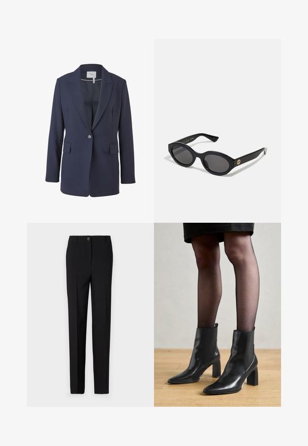 Marineblazer van gladde stof, voorzien van een notch-lapel, enkele knoopsluiting en twee voorkeurszakken. Getailleerde pasvorm met lange mouwen.; Leopardprint lange mouw top met een hoge hals, gemaakt van rekbare stof. Heeft een tan basis met bruine vlekken. Soepele textuur, aansluitend ontwerp.; Zwarte op maat gemaakte broek met een recht toegegeven ontwerp, voorzien van een knoopsluiting en riemlussen, gemaakt van gladde stof.; Zwarte leren enkellaarsjes met een spitse neus, stevige vierkante hak en een fraaie uitstraling. Beschikt over elastische zijpanelen voor gemakkelijke aan- en uittrekken.; Zwarte ovale zonnebril met donkere glazen en een glanzend kunststof frame. Heeft een gouden logo op de poot, dat een strakke en moderne uitstraling biedt.