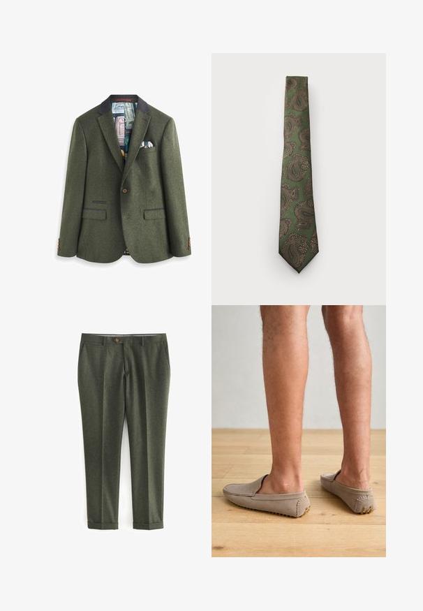 Groene wollen blazer met een gegolfde kraag, bruine knoopsluiting en twee voorkwikken. De binnenkant heeft een gestreept voering en een pochet.; Lange mouwen, button-down shirt in tan katoen. Beschikt over een kraag, witte knopen en een klein logo op de borst. De binnenkant heeft een blauwgestreepte accent.; Donkergroene broek van textured stof, met zijzakken, een knoopsluiting aan de voorkant en opgerolde manchetten voor een gepolijste uitstraling.; Beige suède instapschoenen met een ronde neus en decoratieve stiksels, met gestructureerde rubberen zolen met kleine gouden accenten.; Groene stropdas met een paisleypatroon in bruin en goud. Het heeft een gestructureerde stof en een smalle uitvoering met een spitse punt.; Digitale Casio horloge met een roségouden metalen band, rechthoekige kast, verlicht display en waterdicht, toont tijd en datum.