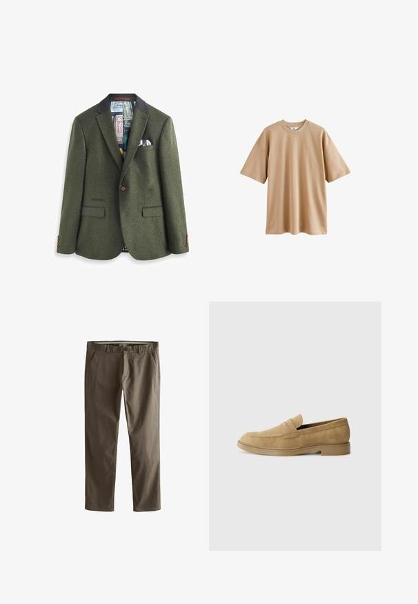 Blazer din lână verde, cu guler în formă de V, închidere cu nasture maro și două buzunare frontale. Interiorul are o căptușeală cu un model și un batista.; Tricou bej cu mânecă scurtă, fabricat din bumbac, cu guler rotund și croială lejeră, având o textură netedă și fără modele sau accente.; Chino din bumbac maro cu un design drept, buzunare frontale și închidere cu nasture. Prezintă o textură fină și linii curate.; Mocasini din suede bej, cu vârful rotund, toc mic și detalii cusute pe partea superioară. Textură netedă și design minimalist.