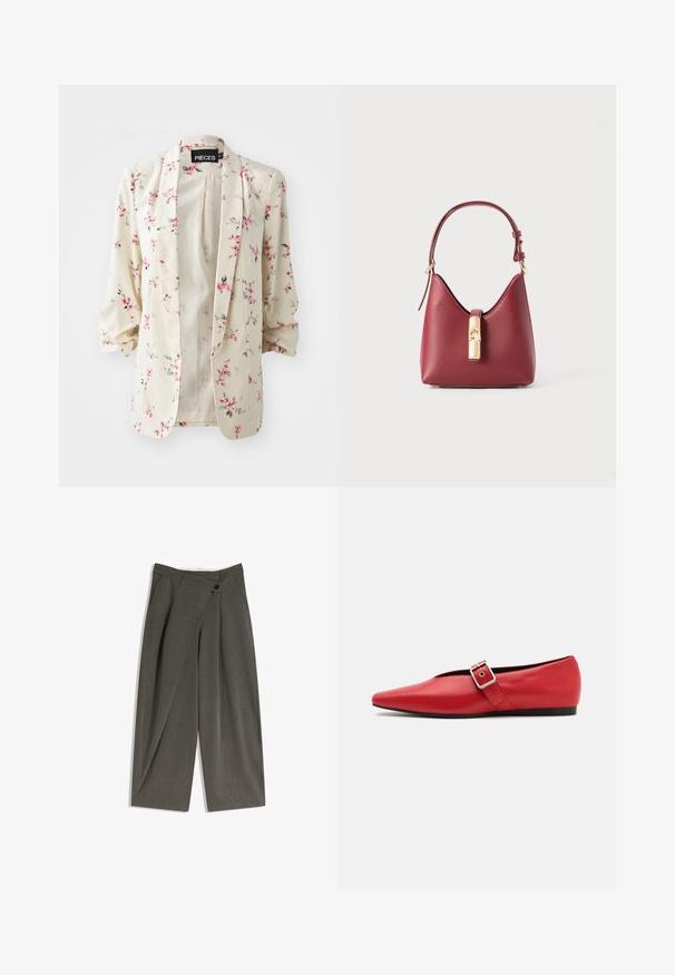 Krém színű virágmintás blézer, rózsaszín és zöld virágmintákkal, nyitott elől és háromnegyedes ujjakkal, puha tapintású anyagból.; Virágmintás ing világos rózsaszín háttérrel, zöld levelekkel és különböző színes virágokkal. Gombos kialakítás, hosszú ujjak.; Sötét szürke szövetből készült bő szárú nadrág. Lapos elülső rész, oldalsó zsebek és egyetlen gombos záródás jellemzi. Simaság és testre szabott fazon.; Piros bőr lapostalpú cipő, hegyes orral, oldalsó pánttal és fémből készült csattal, alacsony fekete sarokkal. Sima textúra az egész cipőn.; Piros bőr kézitáska jellegzetes ívelt formával, állítható pánttal és arany színű záródással elöl. Simább, egyszerűsített dizájn.; Aranyszínű Michael Kors óra lekerekített tokkal, fém láncszíjjal, minimalista számlappal, három mellékóra számlapjával és a 6 órás pozícióban található dátumkijelzővel.