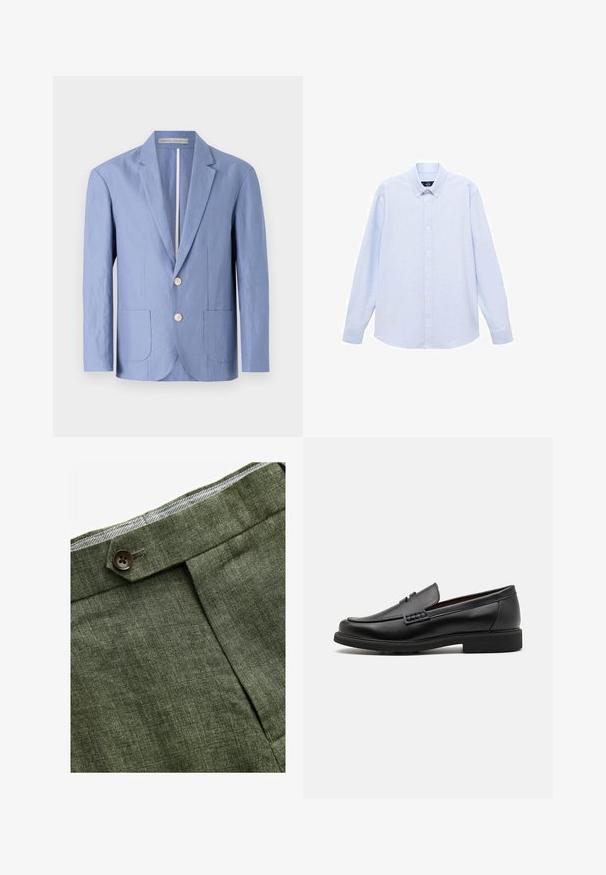 Jasnoniebieska marynarka wykonana z lekkiego materiału, z jednorzędowym zapięciem, dwiema przednimi kieszeniami oraz okrągłymi drewnianymi guzikami.; Jasnoniebieska koszula z długim rękawem, zapinana na guziki, z klasycznym kołnierzykiem, prostym dołem i subtelną teksturą. Posiada centralne zapięcie na guziki.; Zielone lniane spodnie w odcieniu oliwkowym z plisami z przodu, posiadające zapięcie na guzik i kontrastową kratkowaną podszewkę w pasie.; Czarne syntetyczne mokasyny z wyraźnym przeszyciem z przodu, wyściełaną wkładką i płaską gumową podeszwą; smukły design z minimalnymi detalami.