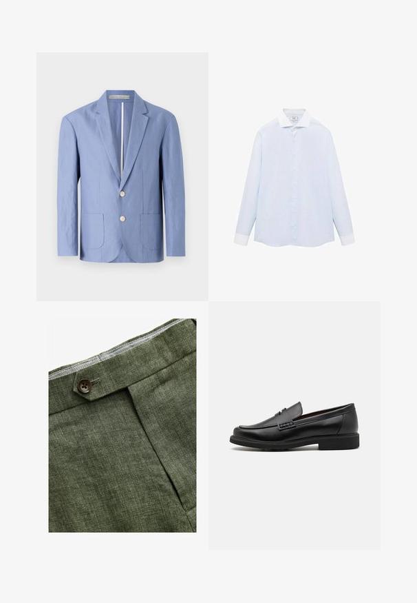 Svetlo modrý blejzer vyrobený z ľahkého materiálu, s jednoradovým strihom, dvoma prednými vreckami a okrúhlymi drevenými gombíkmi.; Svetlo modrá pruhovaná košeľa s dlhým rukávom, s bielym golierom a manžetami, so zapínaním na gombíky a zakriveným lemom. Hladká textúra látky.; Olivové ľanové nohavice s predným záhybom, so zapínaním na gombík a kontrastnou kockovanou podšívkou na pase.; Čierne syntetické poltopánky s výrazným prešitým predným detailom, vycpanou vnútornou stielkou a plochou gumovou podrážkou; elegantný dizajn s minimálnym zdobením.