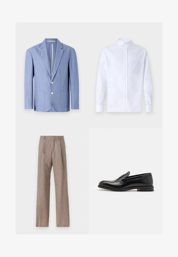 Gaiši zils žakets, kas izgatavots no viegla auduma, ar vienvirsmas dizainu, divām priekšējām kabatām un apaļiem koka pogām.; Balts garo piedurknēm krekliņš ar pogām, izgatavots no kokvilnas, ar krūšu kabatu ar tonālu izšuvumu, apkakli un pogām pie piedurknēm.; Brūni, augstos šortos izgatavoti no teksturēta auduma. Iezīmē plašas kājas un divas priekšējās krokas, kas nodrošina struktūru. Kārtīga apdare bez redzamām detaļām.; Melnas ādas kurpes ar gludu tekstūru, noapaļu purngalu un dekoratīvu siksniņu pāri priekšpusei. Zems sakrauts papēdis, minimālisma dizains.