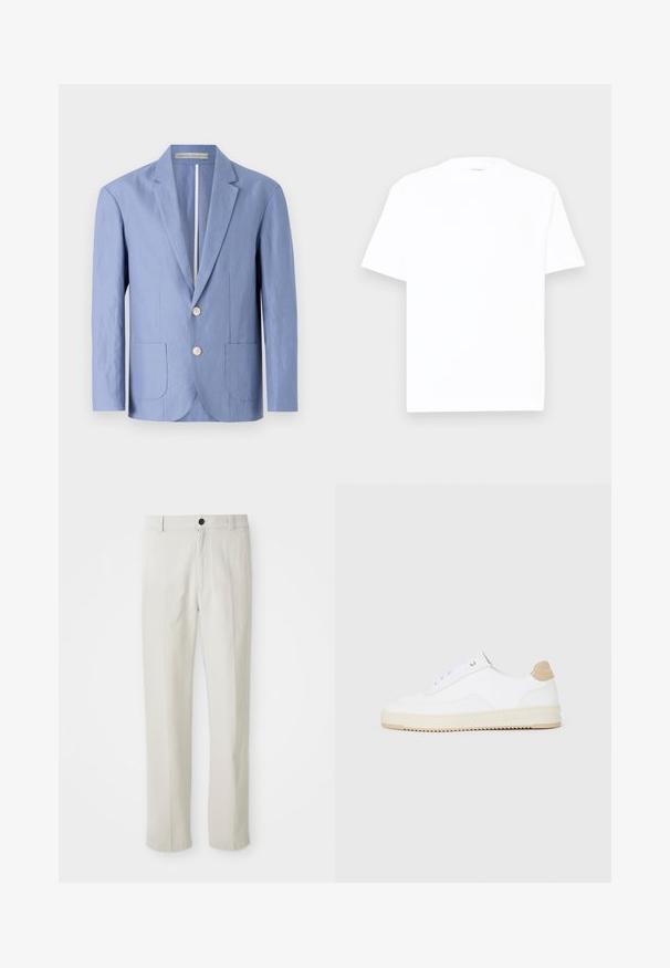 Vaaleansininen blazer, joka on valmistettu kevyestä kankaasta, yksirivinen malli, jossa on kaksi etutaskua ja pyöreät puunapit.; Valkoinen puuvillapaita, jossa on pyöreä kaula-aukko, lyhyet hihat ja rento leikkaus. Sujuva kangas, vähäisesti yksityiskohtia, eikä kuvioita tai graafisia elementtejä.; Kangas beige suoraan lahkoinen, jossa on vyölenkit, etunappi dan zip-päällyste, esitetty tasaisesti valkoisella taustalla.; Valkoiset matalat tennarit, joissa on teksturoitu nahkapinta, kermaisa uratettu pohja sekä ruskea kantapääkorostus. Varustettu valkoisilla nauhoilla ja logoyksityiskohdalla kantapäässä.